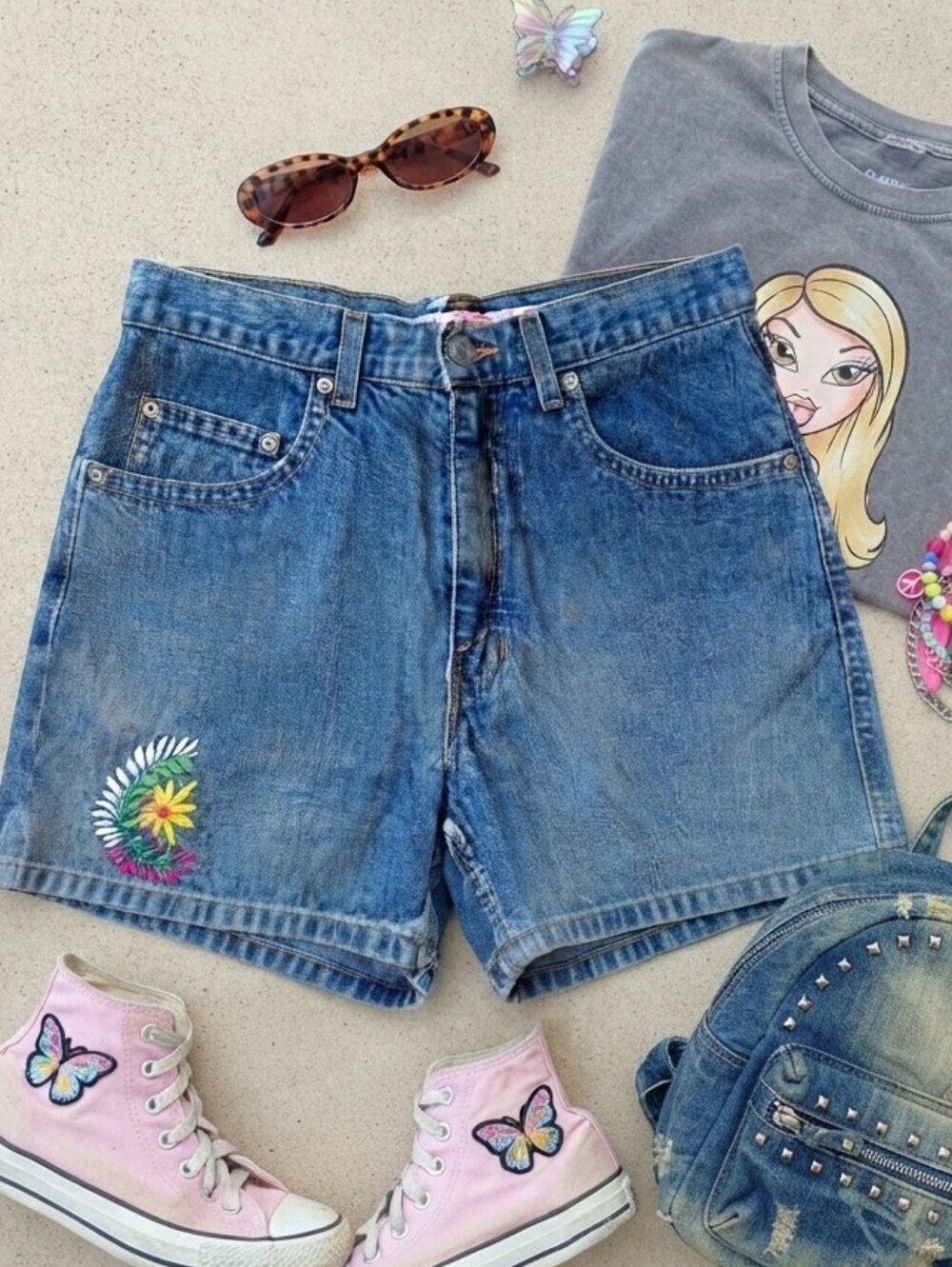 90s Y2K Old Navy Denim Jean Shorts With Cute Floral Embroidery